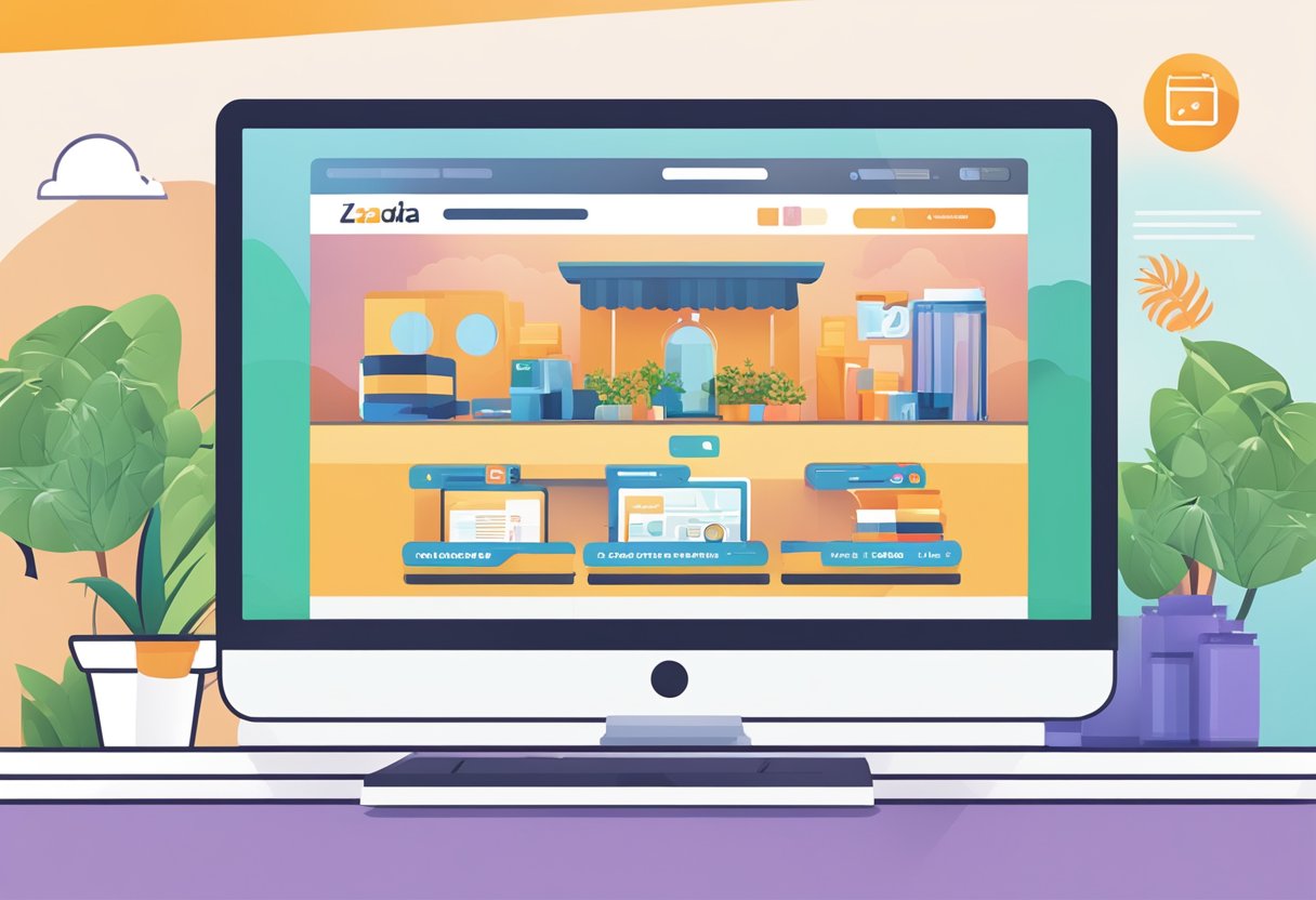 A computer screen displaying the Lazada Seller Center homepage with a Singaporean landmark in the background
