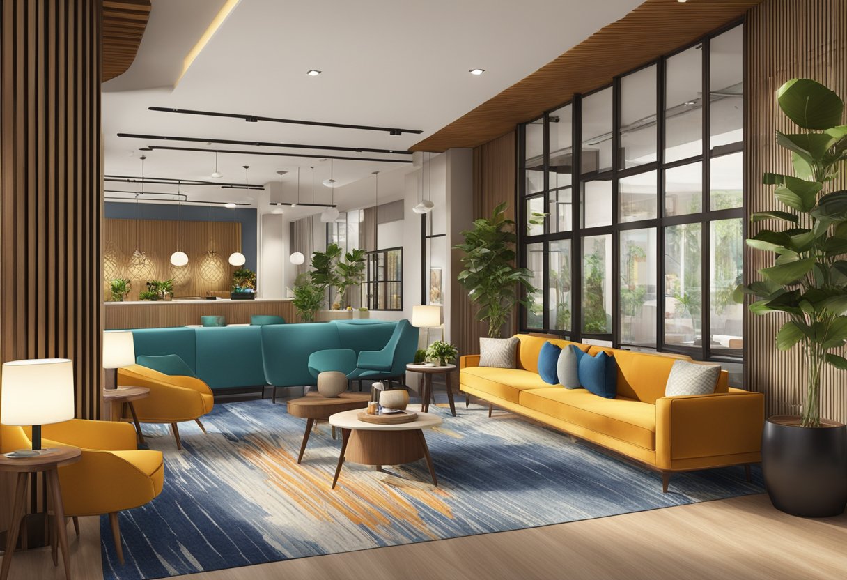 The lobby of Hotel Indigo Singapore Katong features modern furnishings, vibrant decor, and a cozy lounge area. The space is filled with natural light, creating a welcoming and relaxed atmosphere for guests