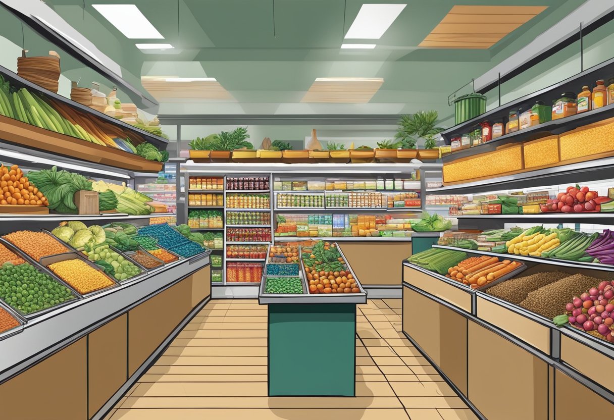 A bustling Thai supermarket in Singapore, filled with colorful produce, fragrant herbs, and exotic spices. Shelves are lined with unique sauces and condiments, while the aroma of freshly cooked street food wafts through the air
