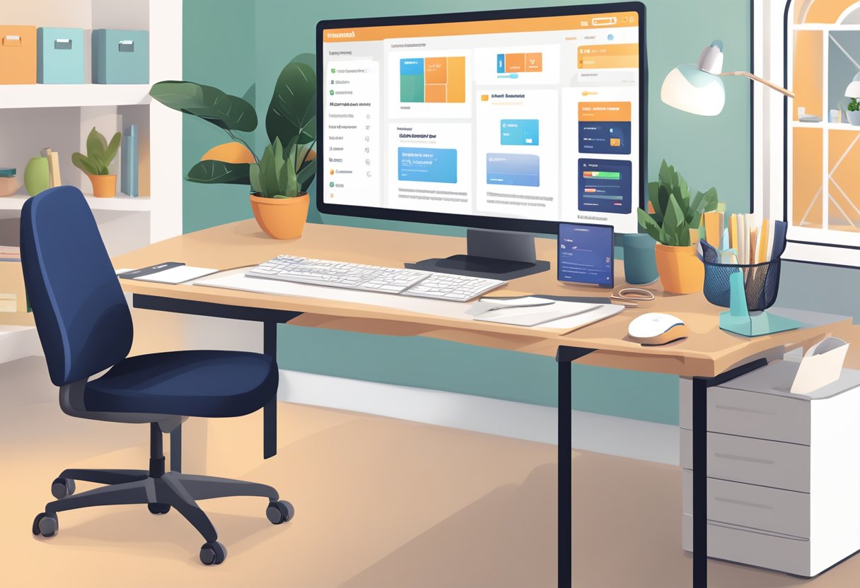 A computer screen displaying the Lazada Seller Center homepage with a keyboard and mouse nearby. The room is well-lit and organized, with a desk and chair in the background