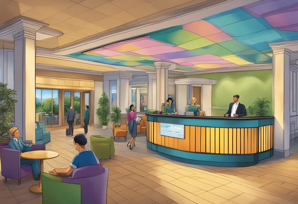The hotel lobby bustles with guests, a colorful mural adorns the wall. A concierge desk stands at the center, while a sign directs visitors to the "Frequently Asked Questions" area