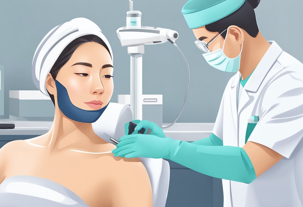 A dermatologist carefully removes a mole using a laser in a clean and modern clinic in Singapore