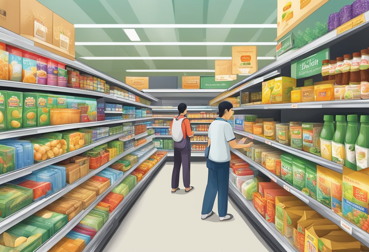 Shelves stocked with Thai products, customers browsing aisles, signage indicating "Frequently Asked Questions" at a supermarket in Singapore