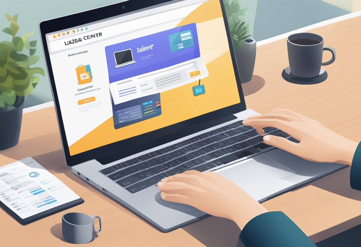 A laptop open on a desk, with the Lazada Seller Center website displayed. A seller's hand hovers over the keyboard, ready to input information
