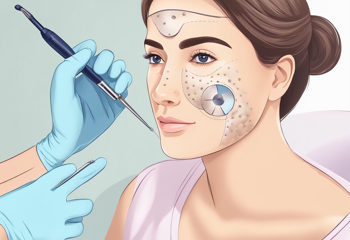 A dermatologist carefully removes a small mole from a patient's skin using a precise surgical tool