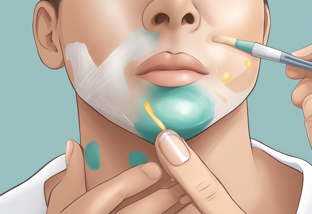 A person applying ointment to a small, bandaged area on their skin after a mole removal procedure