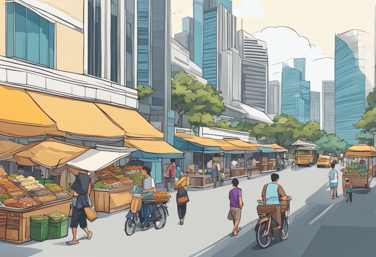 Busy street with iconic Singaporean buildings in the background. People walking and cars driving. A street food vendor selling local delicacies