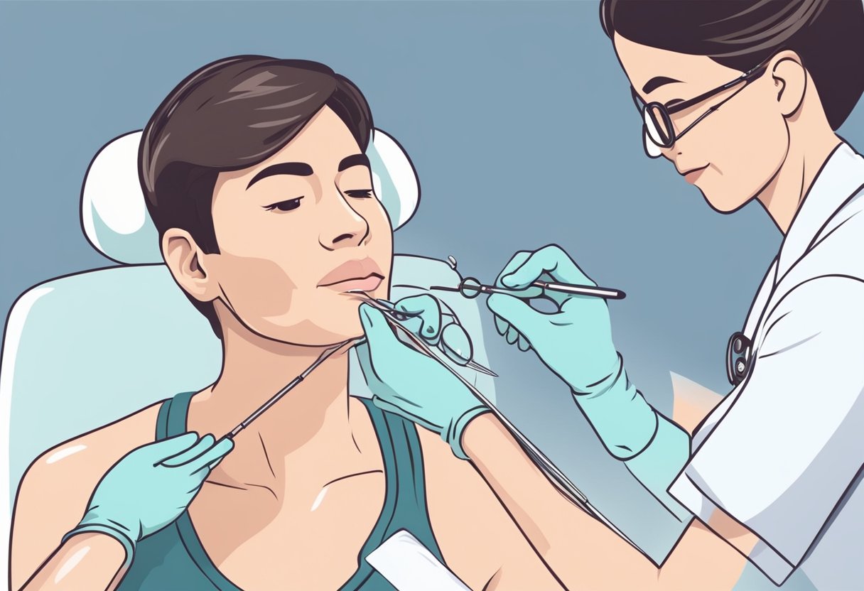 A doctor carefully removing a small mole from a patient's skin using a surgical tool