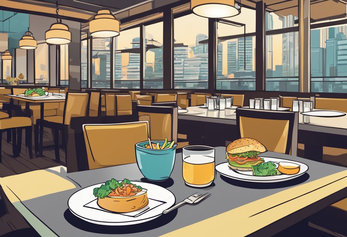 A table with a bill and a small dish for tips, set against a backdrop of a bustling Singaporean restaurant