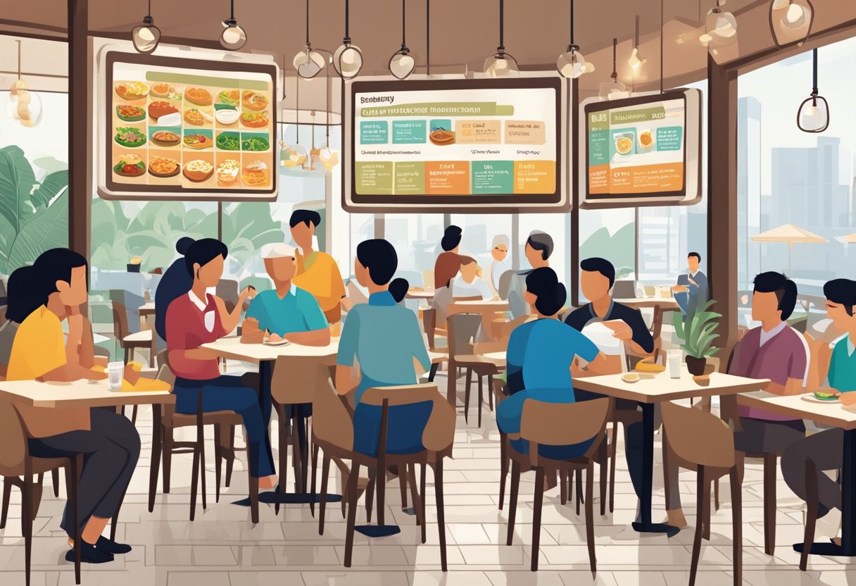 A signboard with "Frequently Asked Questions about Tipping in Singapore" displayed in a busy restaurant setting with diverse customers