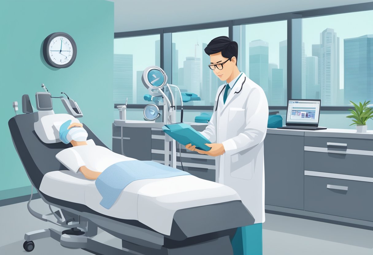 A urologist in Singapore examines medical equipment in a modern clinic setting