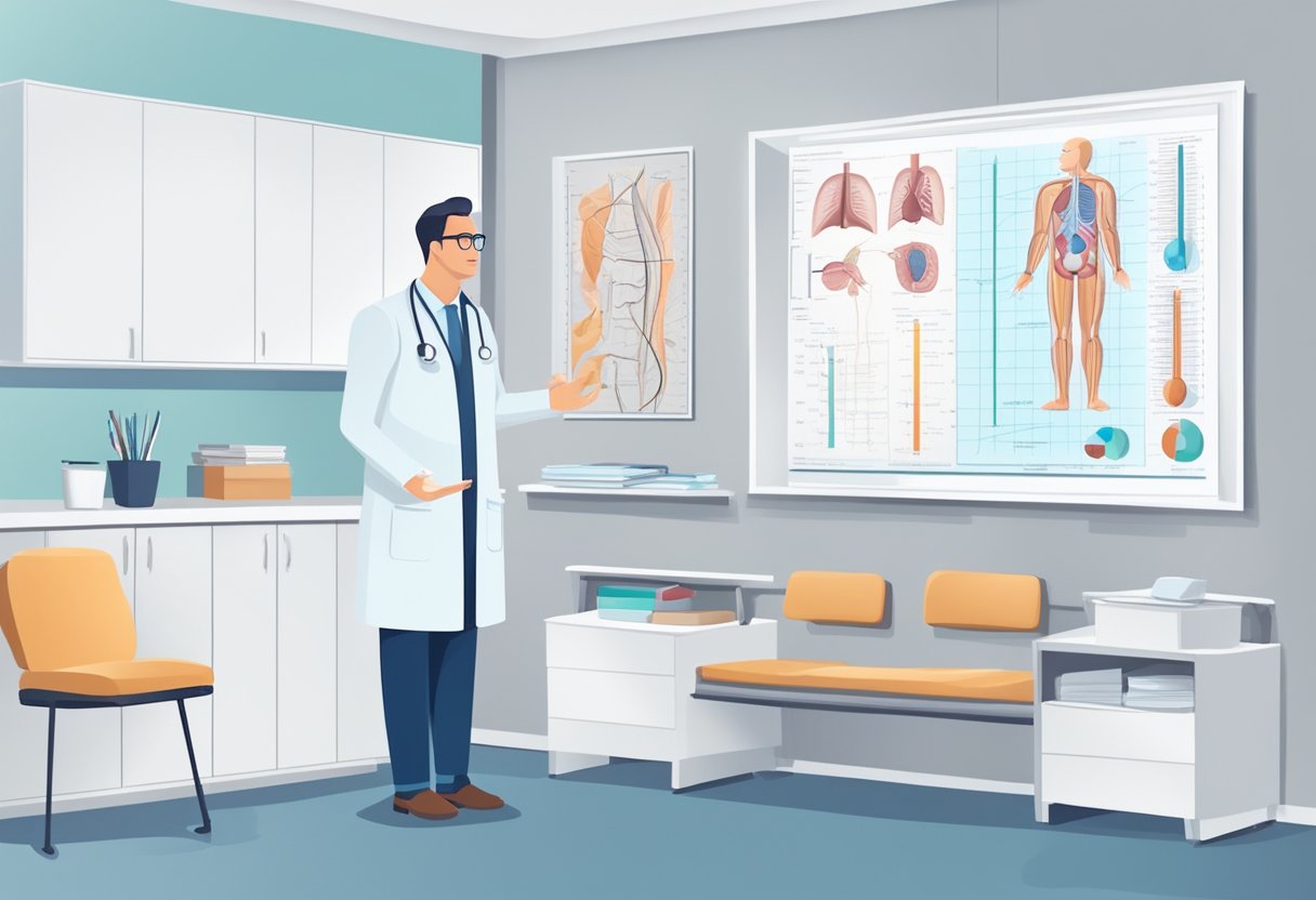 A urologist in a modern clinic, discussing urological health with a patient. Charts and diagrams on the wall illustrate the urinary system