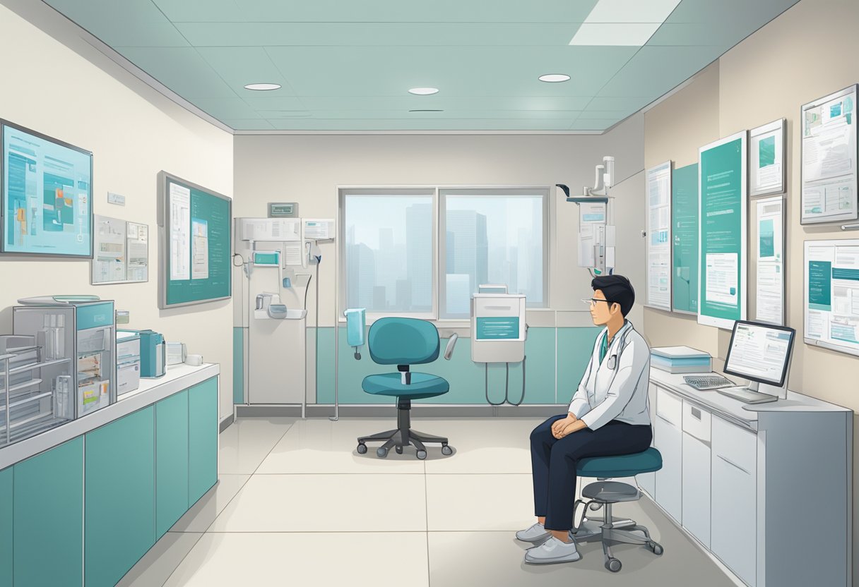 A patient sits in a modern clinic, surrounded by medical equipment and informational brochures. A sign on the wall reads "Choosing the Right Urologist in Singapore."