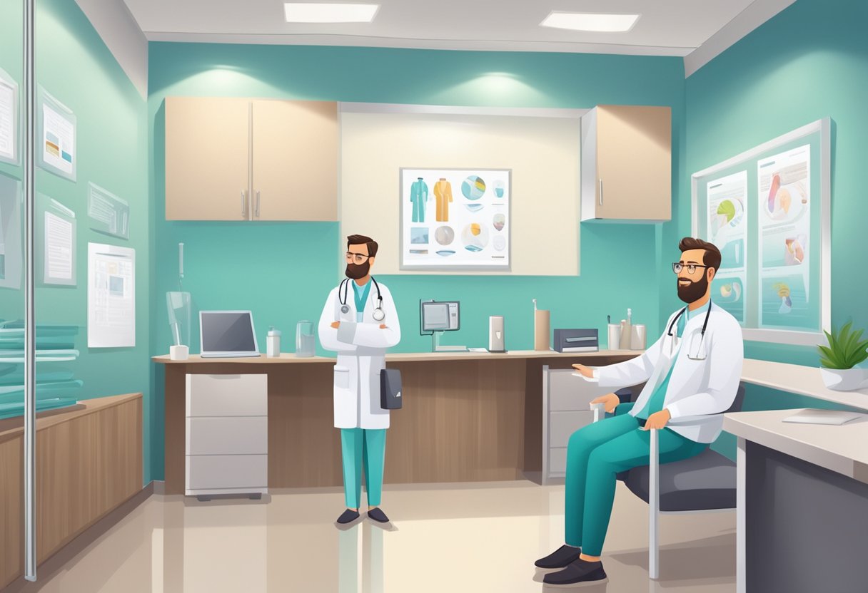 A urologist in a consultation room, answering questions from patients. Medical equipment and informative posters on the walls