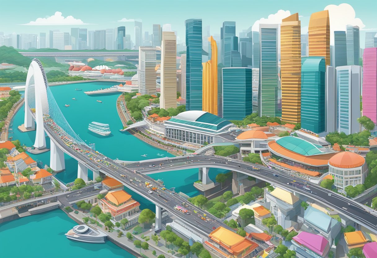 The bustling streets of Singapore, filled with colorful buildings and iconic landmarks, while the famous Marina Bay Sands shines in the background