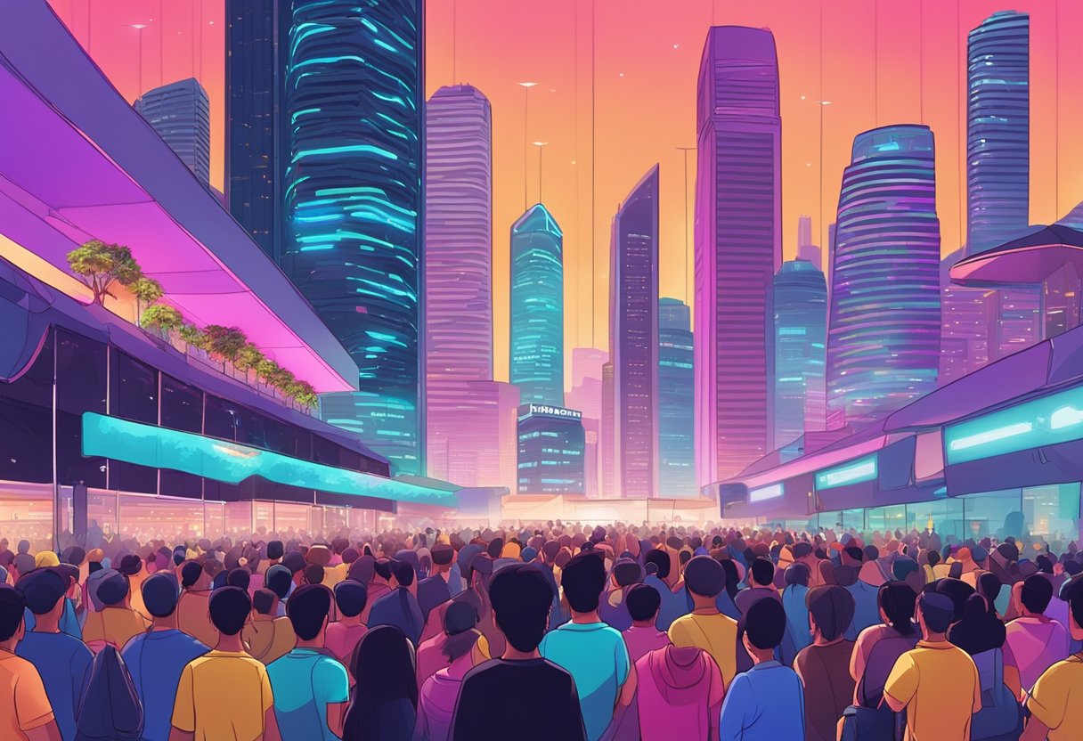 A vibrant cityscape with neon lights and skyscrapers, a crowd of fans eagerly awaiting YOASOBI's performance at a concert venue in Singapore