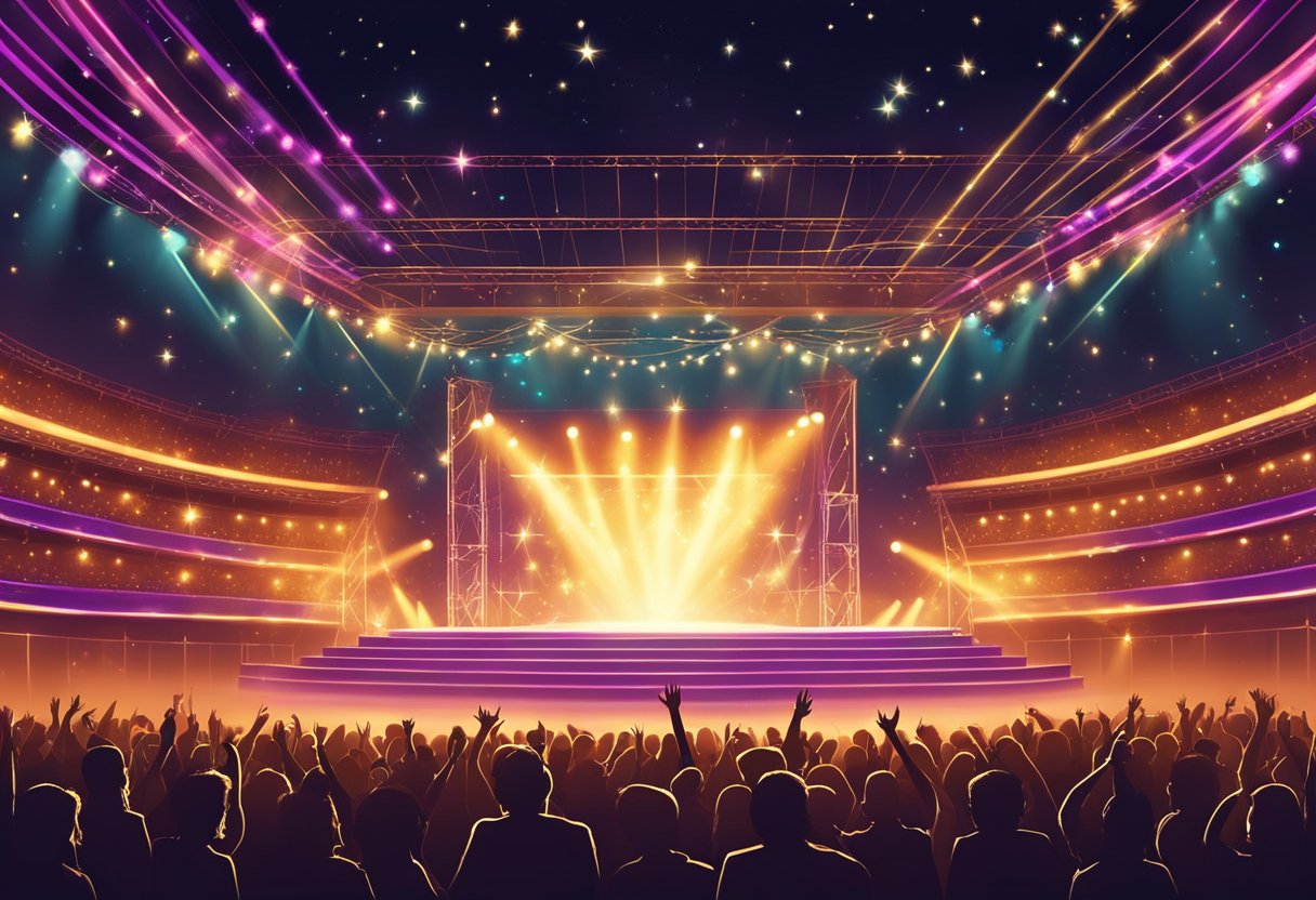 The stage is bathed in a warm, golden light, with a backdrop of twinkling stars. A crowd of fans cheer and wave glowing light sticks, creating a vibrant, electric atmosphere