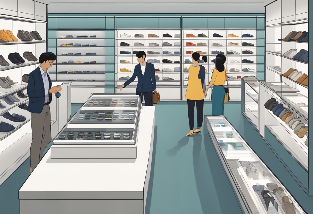 Customers browsing watches in a modern Singapore store. Shelves display a variety of brands and styles, while a salesperson assists a customer
