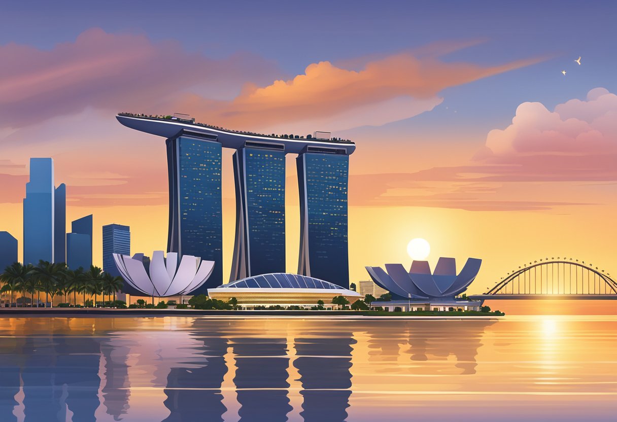 The iconic skyline of Singapore, with its towering skyscrapers and the iconic Marina Bay Sands hotel, is set against a backdrop of a beautiful sunset and reflected in the calm waters of the bay
