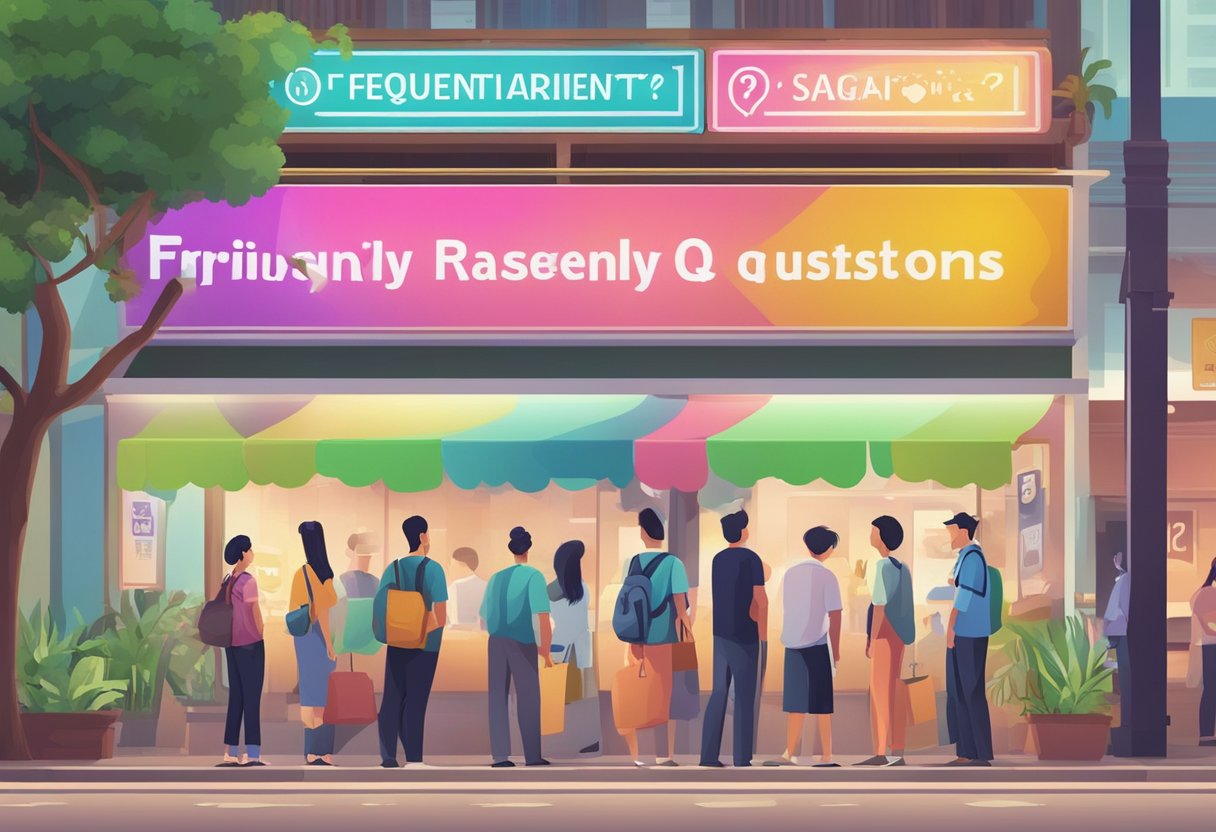 A colorful signboard with "Frequently Asked Questions yoasobi singapore" displayed prominently, surrounded by curious onlookers