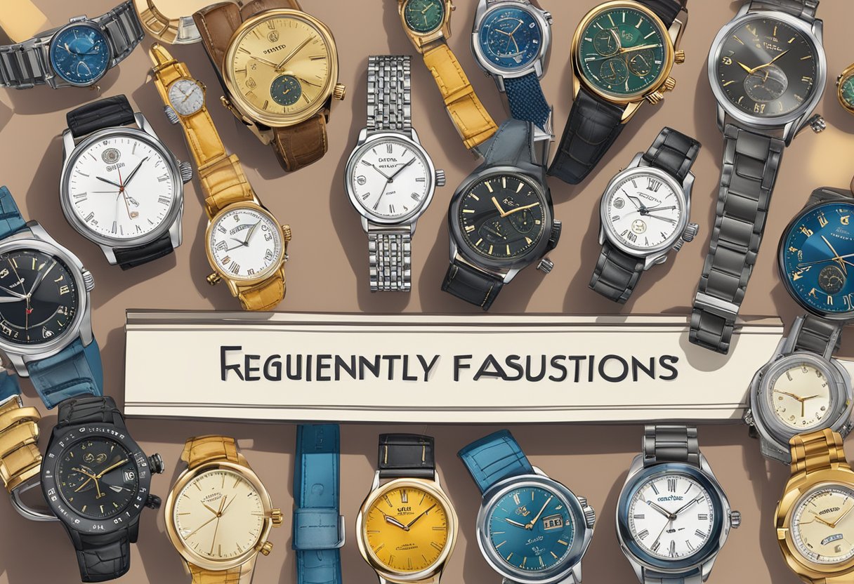 A display of various watches from Singapore, with a sign reading "Frequently Asked Questions" in the background