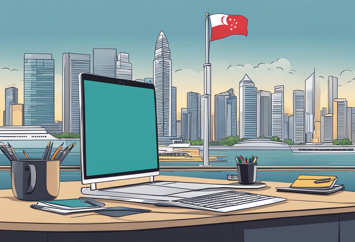 A desk with a laptop, notebook, and pen. A Singaporean flag and city skyline in the background
