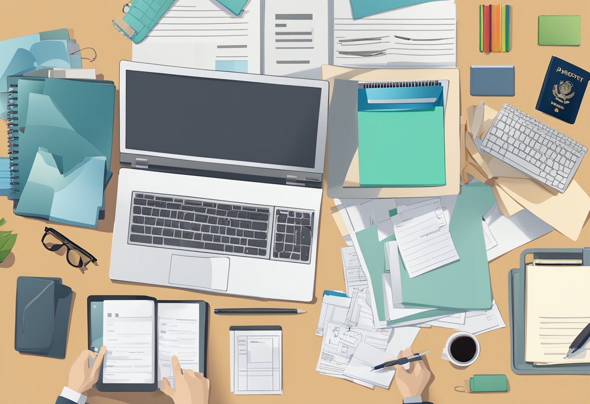 A person filling out a form on a computer, with a passport and other documents laid out on the desk