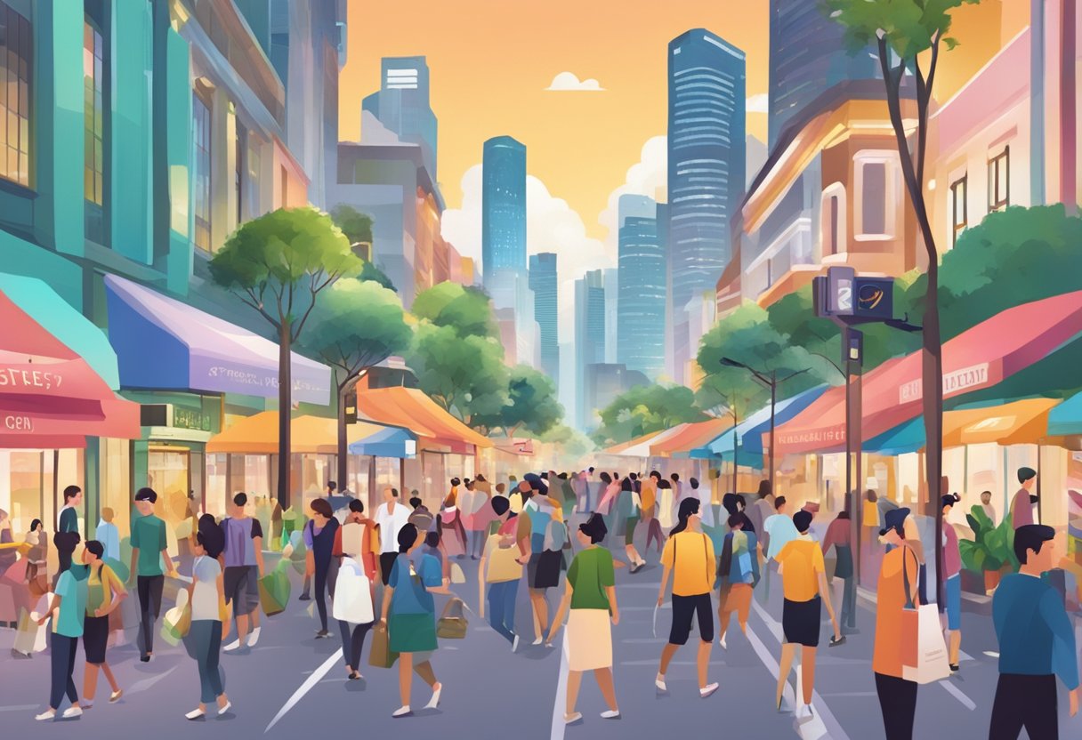 A bustling city street with a prominent sign reading "Frequently Asked Questions" in Singapore. The scene is filled with people and vibrant energy