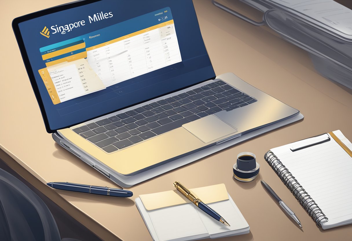 A laptop displaying a Singapore Airlines miles calculator with a pen and notepad next to it on a desk