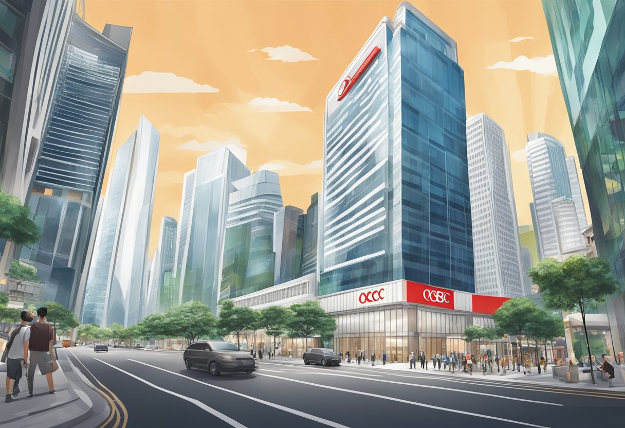 A bank building with the OCBC Singapore logo prominently displayed, surrounded by bustling city streets and high-rise buildings