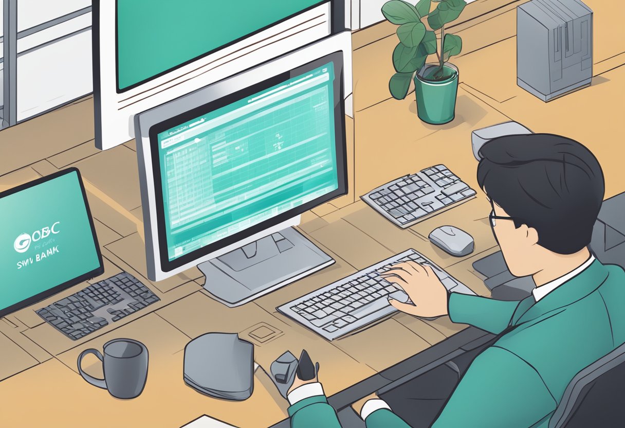 The scene depicts a computer screen displaying the OCBC bank's SWIFT code, with the bank's logo in the background