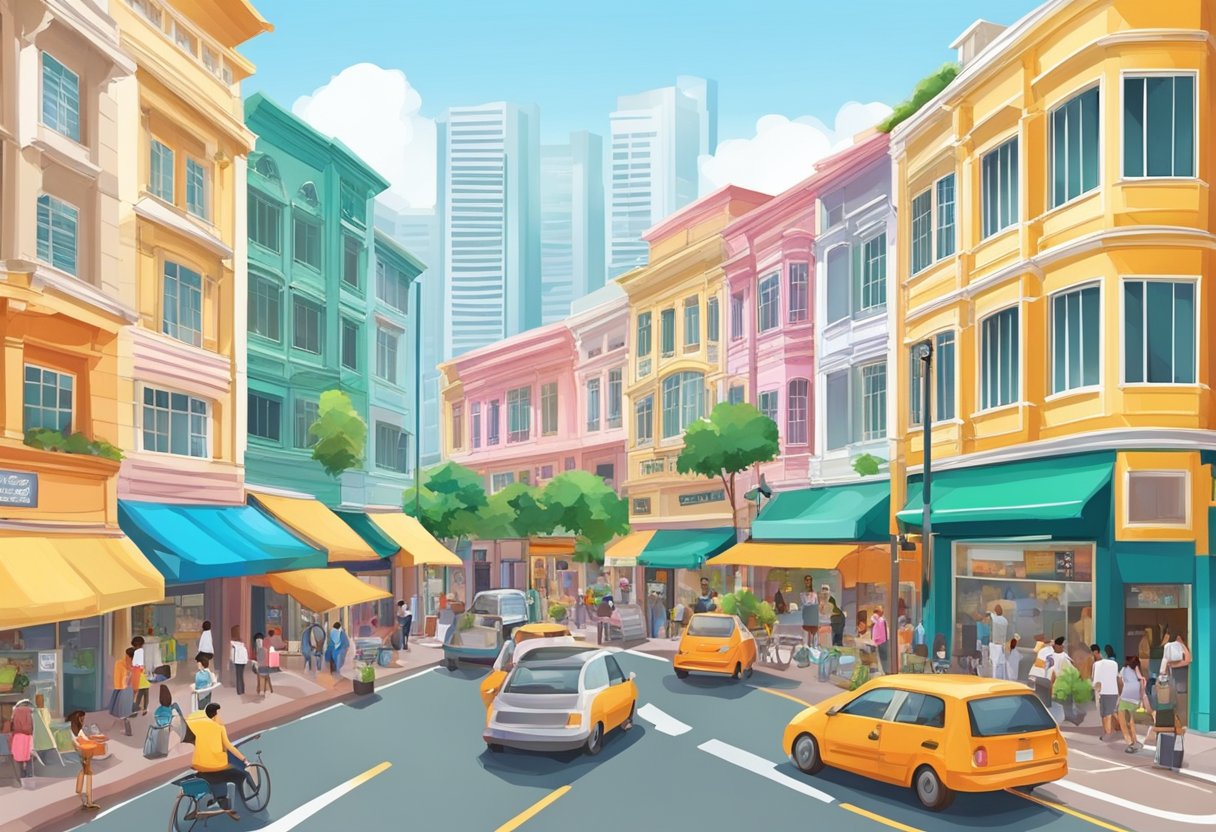 A bustling street in Petain Road, Singapore, with colorful shopfronts and bustling activity