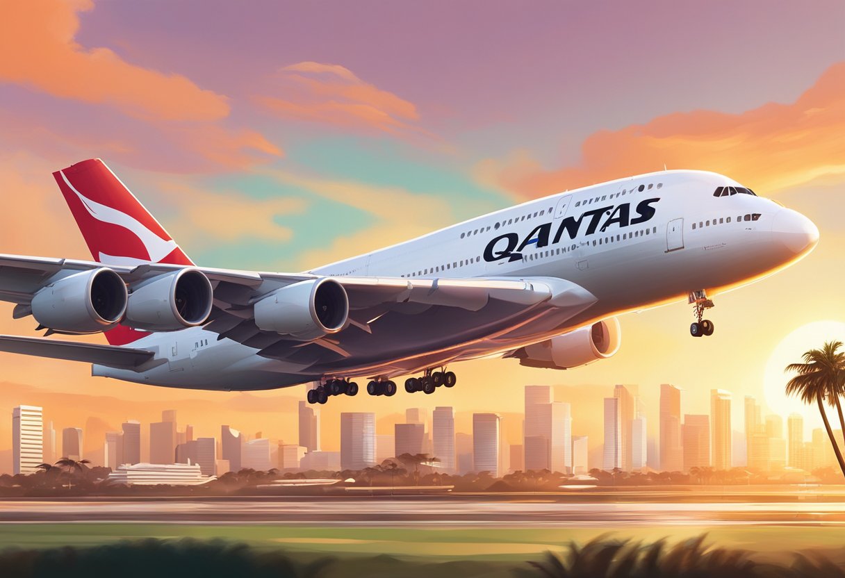 A Qantas plane lands at Changi Airport in Singapore, surrounded by palm trees and modern buildings. The sun sets in the background, casting a warm glow over the scene