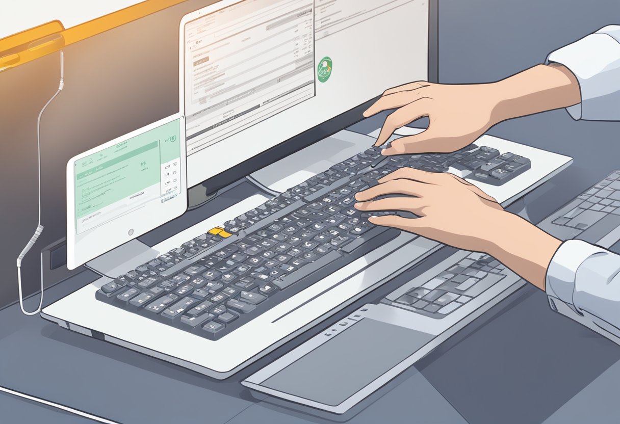 A hand typing on a keyboard, entering OCBC's SWIFT code for international transfers. The computer screen displays the code and the OCBC logo