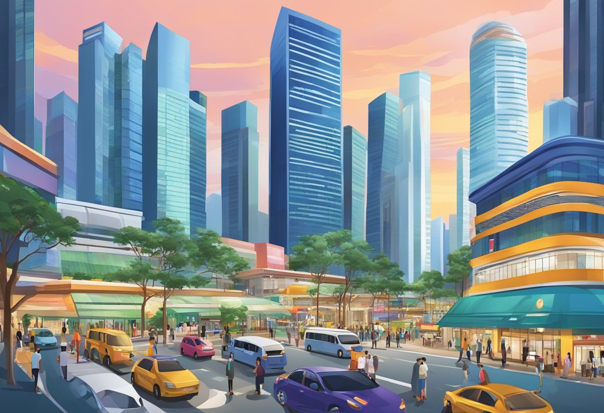 A bustling cityscape of modern skyscrapers and vibrant street life in Singapore