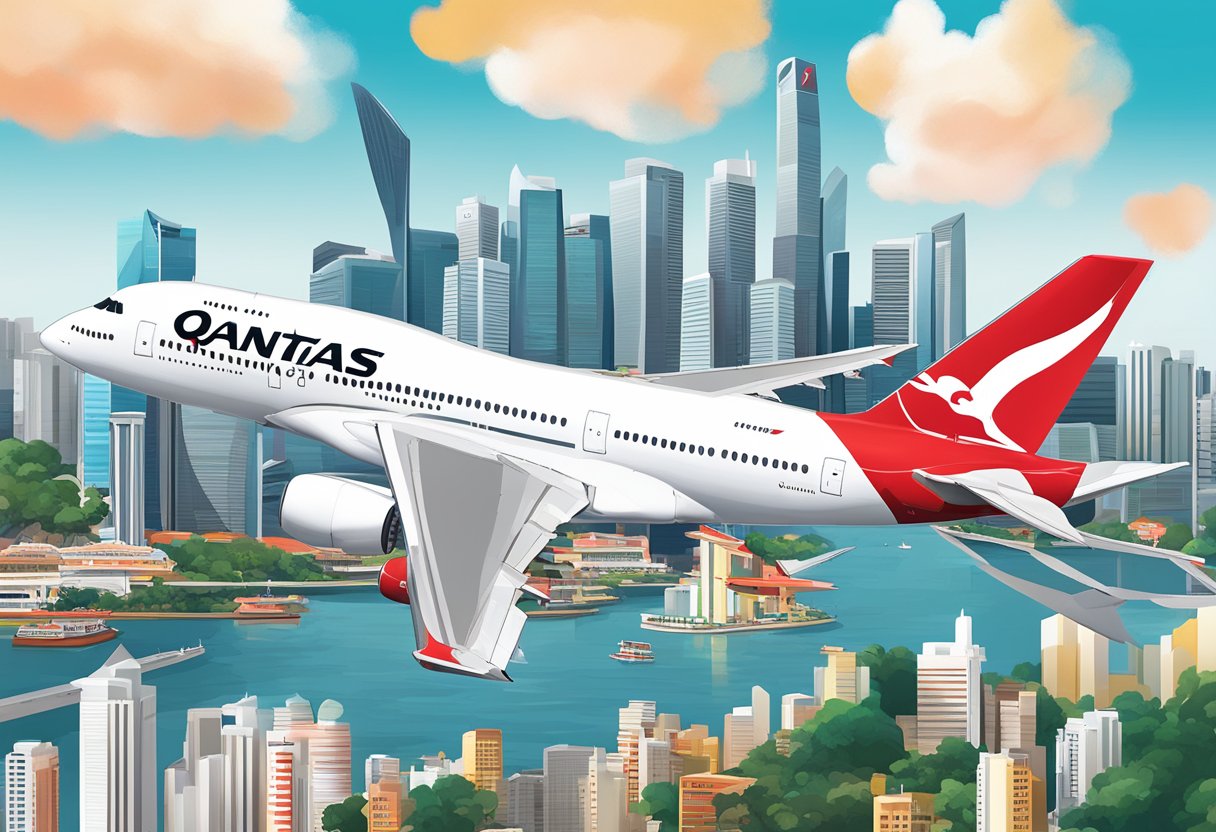 A Qantas plane flying over the iconic Singapore skyline with the Qantas logo prominently displayed on the aircraft
