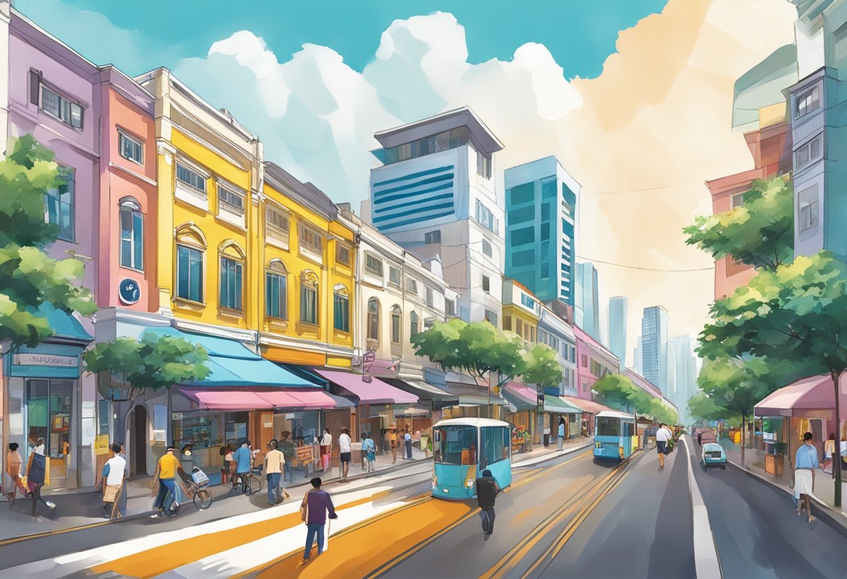 "2 Havelock Road, Singapore" - A bustling street with colorful shopfronts, busy traffic, and a mix of modern and traditional architecture