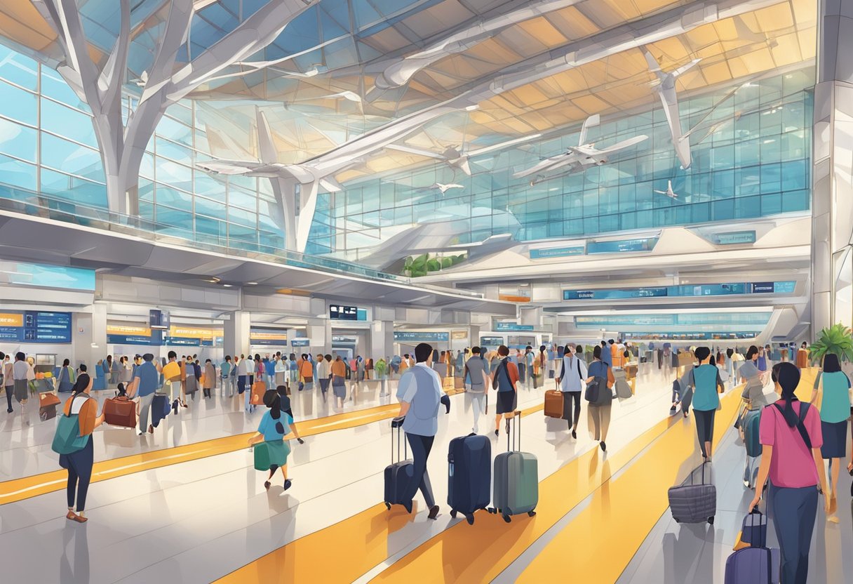 Busy Singapore airport departures, with passengers rushing, luggage carts moving, and planes taking off. Brightly lit, modern architecture, and bustling atmosphere