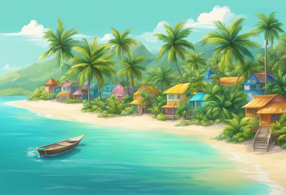 Palm trees sway on a lush, tropical island. Crystal-clear waters surround the sandy shores, with colorful buildings dotting the landscape