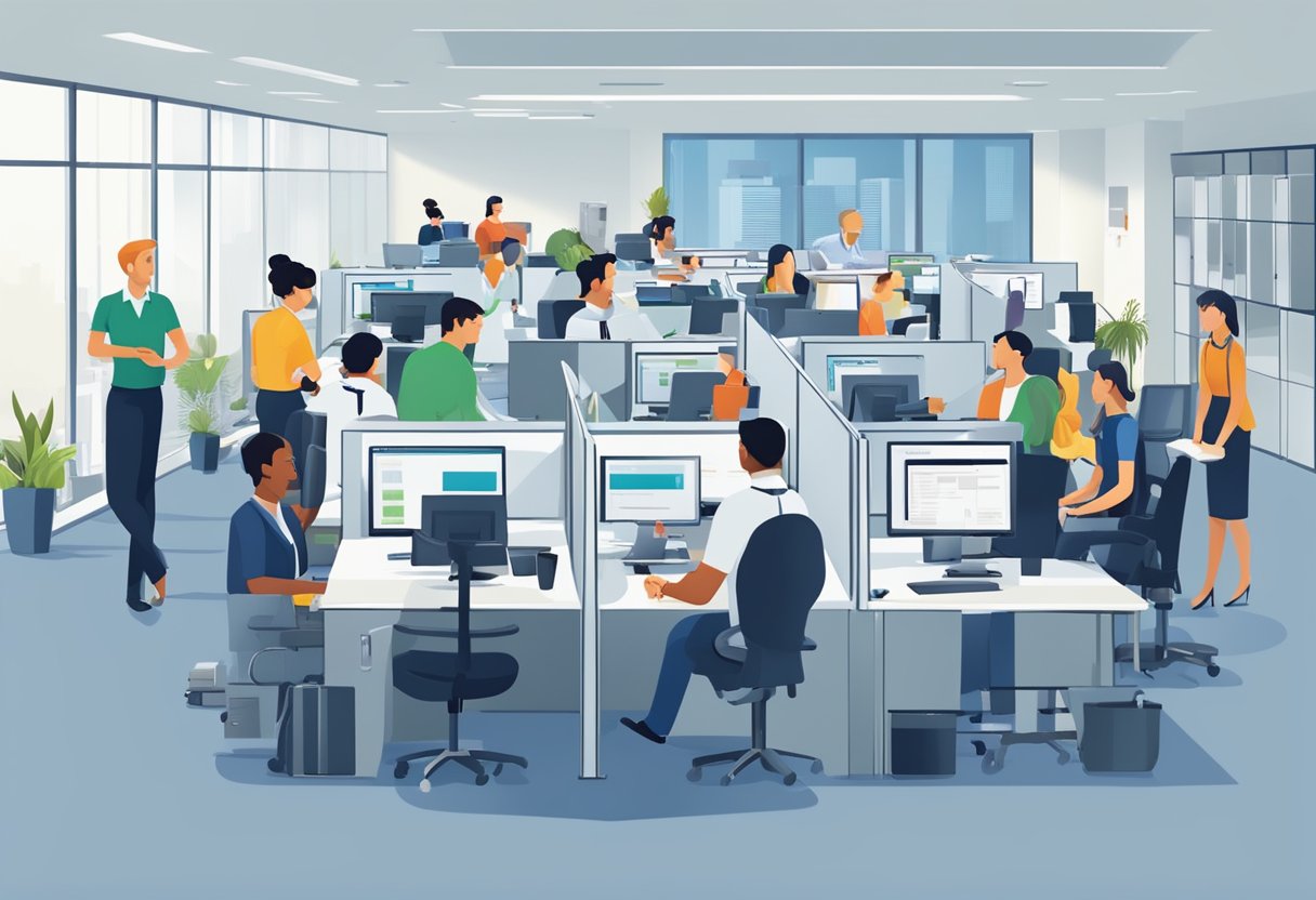 A bustling office with employees providing support to customers, a help desk assisting with technical issues, and a team coordinating services