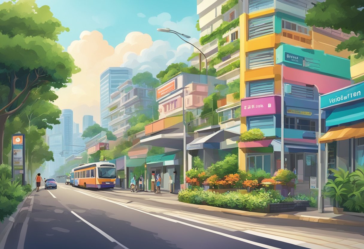 A colorful signboard with "Visitor Information and Reviews" stands on Petain Road, Singapore. Surrounding buildings and greenery add to the vibrant scene
