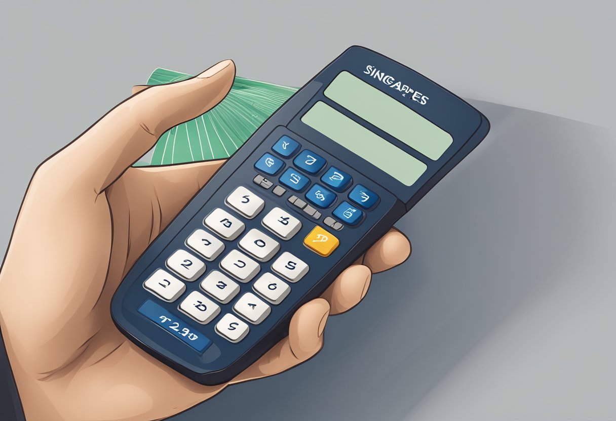 A hand holding a Singapore Airlines miles calculator, with a redemption option displayed on the screen