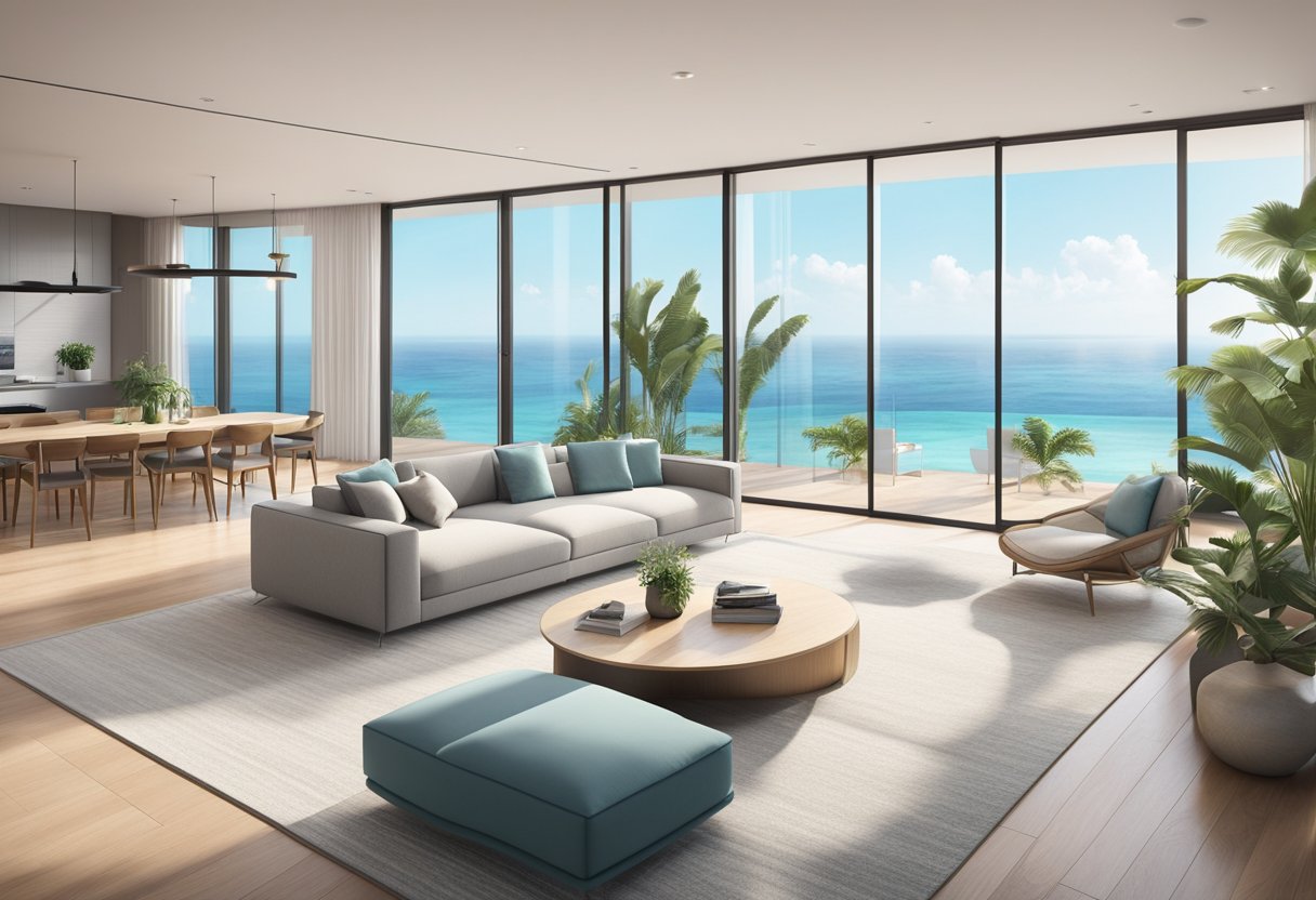 The scene depicts a modern, open-concept living space with sleek furniture, floor-to-ceiling windows, and a panoramic view of the ocean. The decor is minimalist with a touch of tropical elements, creating a serene and luxurious ambiance