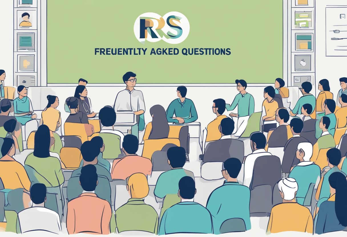 A group of people gathered around a sign that reads "Frequently Asked Questions RS Singapore," with one person pointing at the sign while others listen attentively