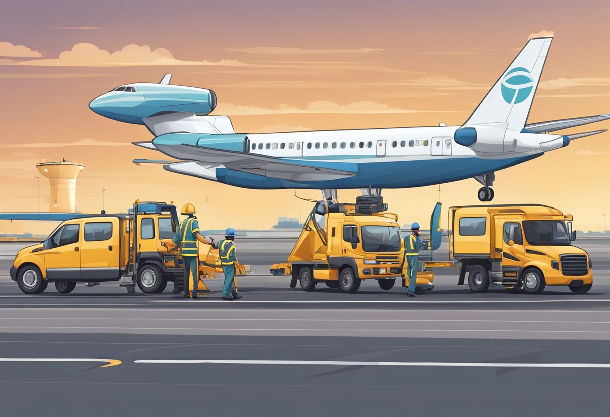 Planes taxiing on runways, air traffic control tower in the background, ground crew preparing aircraft for departure, luggage being loaded onto planes