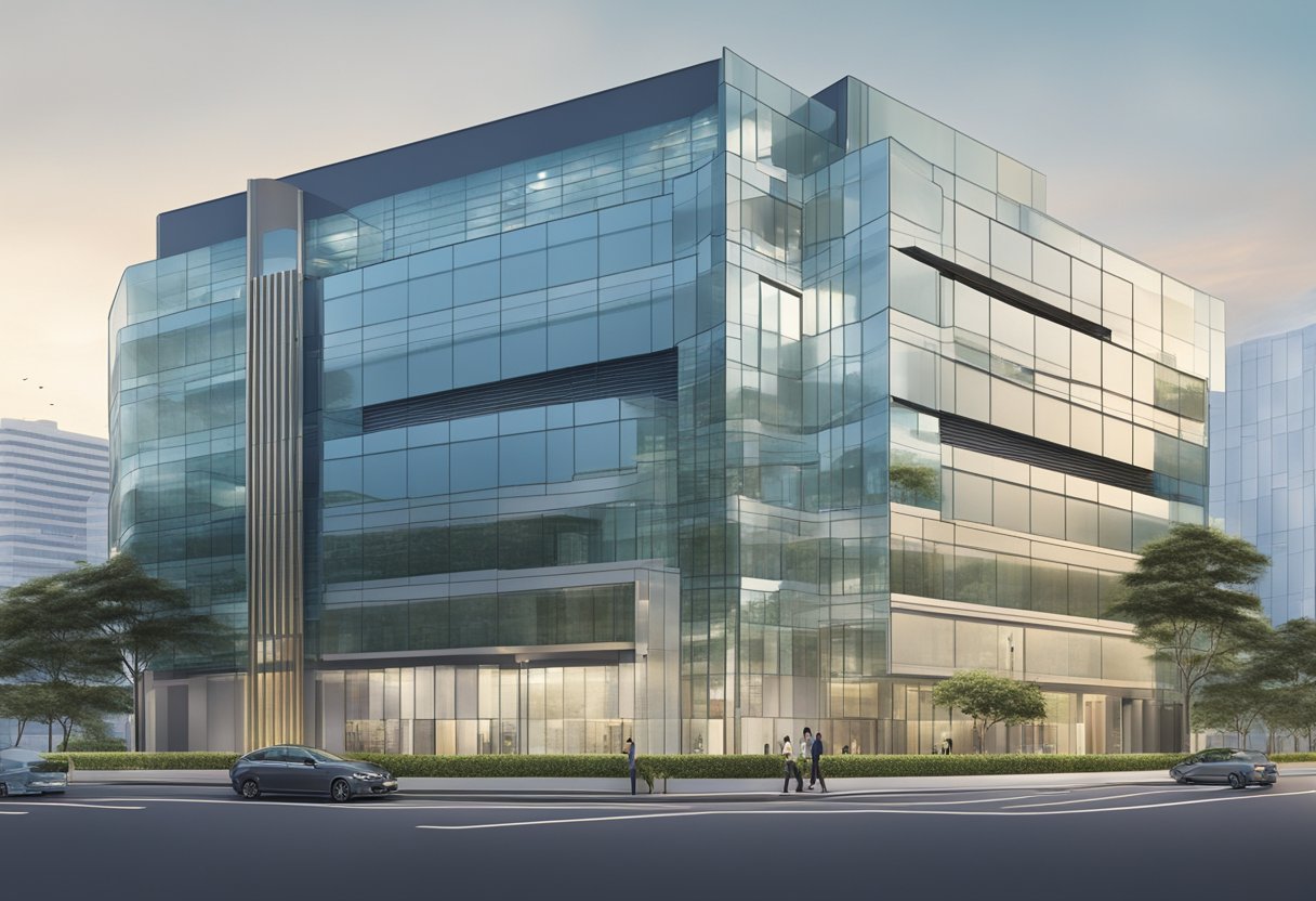 A modern office building with glass windows and a prominent address sign: "2 Havelock Road, Singapore."
