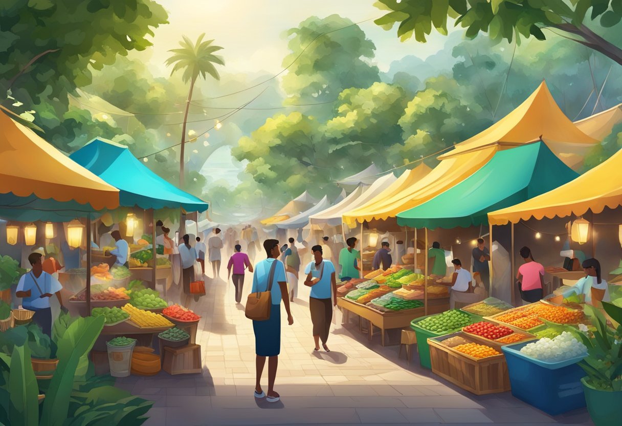 A bustling marketplace on a vibrant island, with colorful stalls selling a variety of goods, surrounded by lush greenery and sparkling water