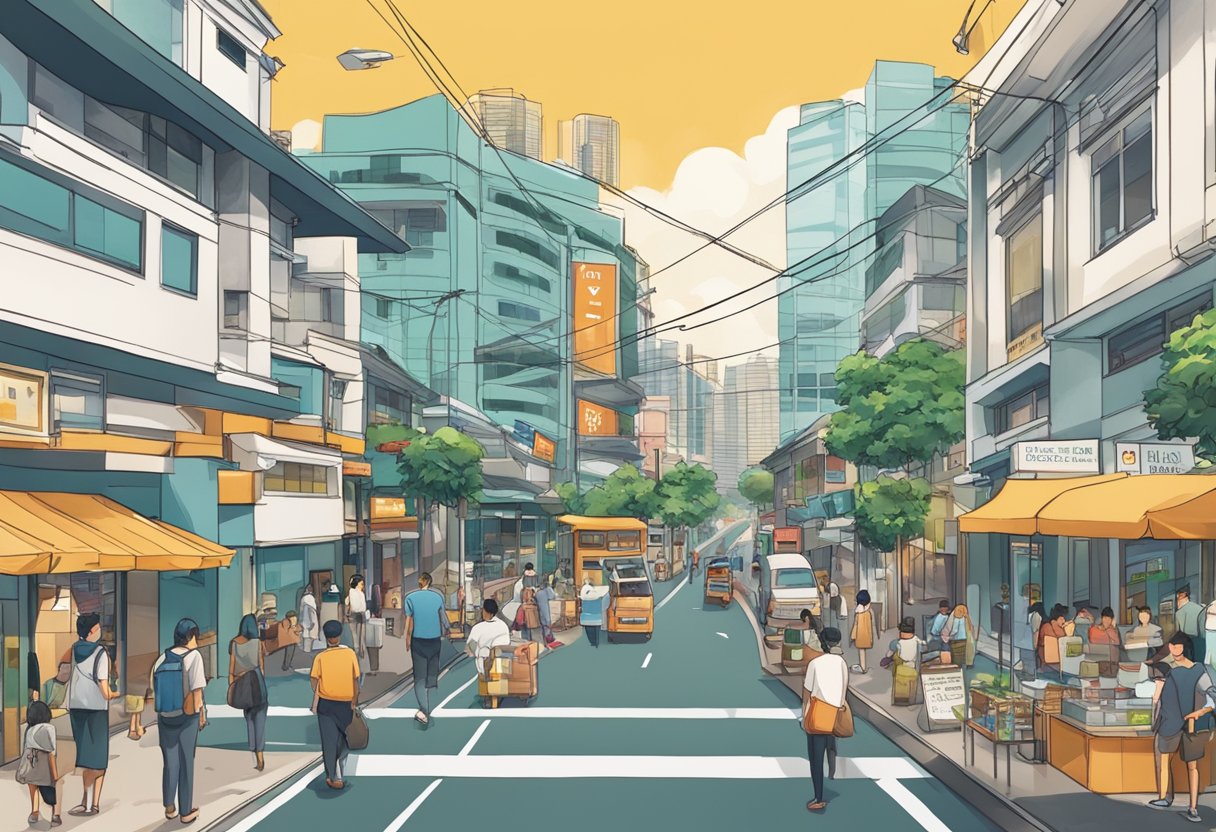 A bustling street with a prominent sign reading "Frequently Asked Questions 2 Havelock Road Singapore". Surrounding buildings and people going about their day