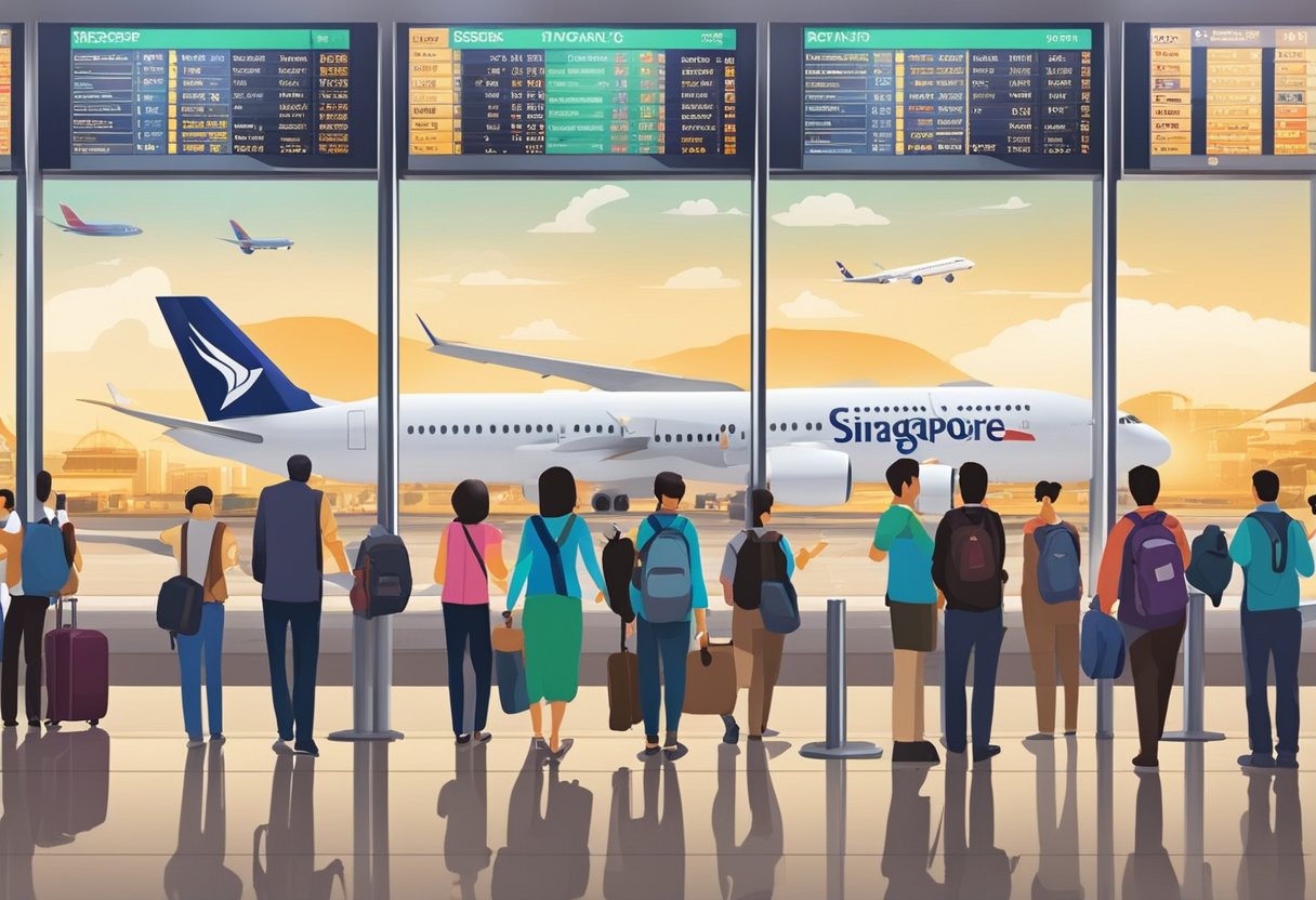 Passengers board planes at Singapore airport, with a backdrop of departure boards displaying various airlines and destinations