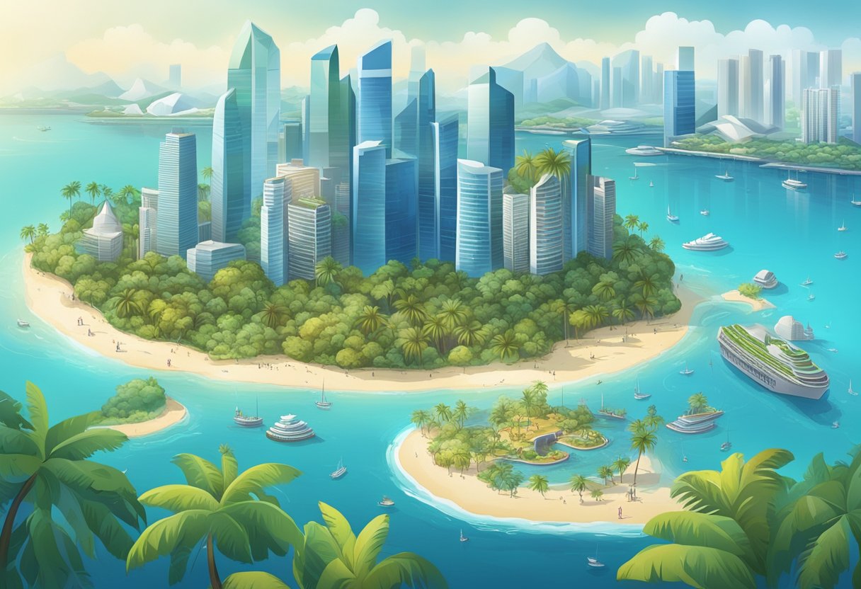 A tropical island with palm trees, clear blue waters, and a vibrant city skyline in the background. The island is bustling with activity, showcasing the vibrant and diverse lifestyle of Singapore